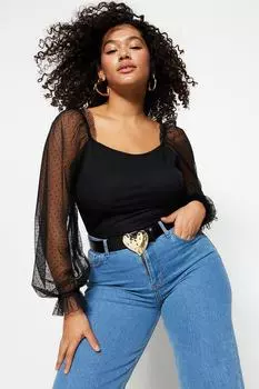 Черная тканая блузка с рукавами из тюля Trendyol, черный
