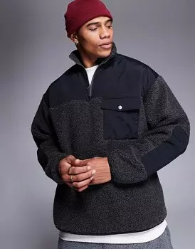 Черная толстовка из меха тедди ASOS DESIGN свободного кроя, застежка на половину молнии и контрастная деталь из нейлона