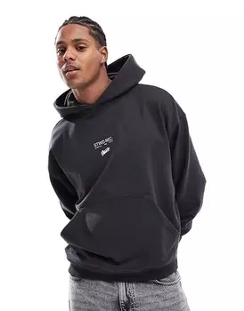 Черная толстовка оверсайз Pull&Bear с принтом STWD Records на спине и эффектом потертости