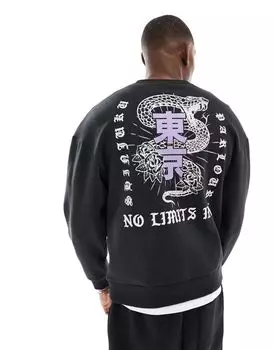 Черная толстовка оверсайз с круглым вырезом и змеиным принтом на спине Jack & Jones