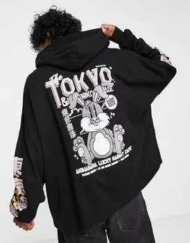 Черная толстовка оверсайз с мультяшным принтом на спине и рукавах ASOS DESIGN