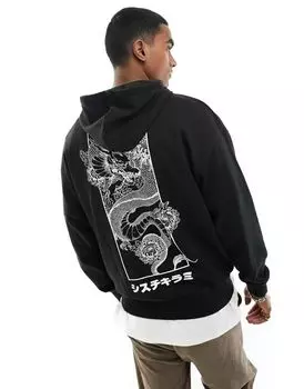 Черная толстовка оверсайз с принтом дракона на спине Jack & Jones