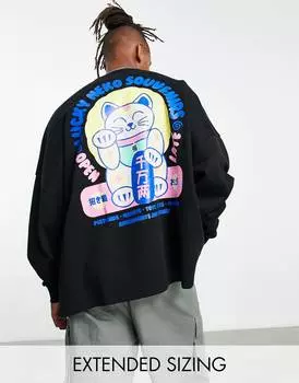 Черная толстовка оверсайз с принтом счастливого кота на спине ASOS DESIGN