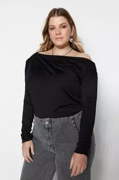 Черная трикотажная эластичная блузка с деталями на плечах и аквалангом Trendyol, черный