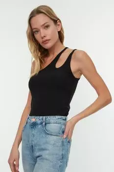 Черная трикотажная блузка на одно плечо со шнуровкой Trendyol, черный