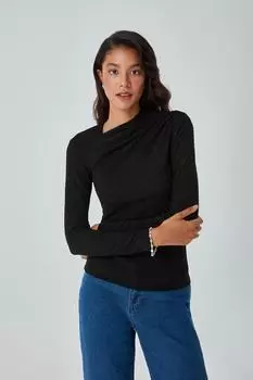 Черная трикотажная блузка со сборками и блестками Mizalle, черный