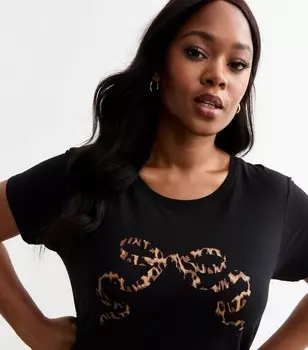 Черная трикотажная футболка Curves с леопардовым бантом New Look, черный
