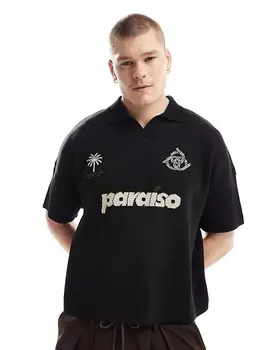 Черная трикотажная рубашка-поло свободного кроя с надписью Paraiso на груди ASOS DESIGN