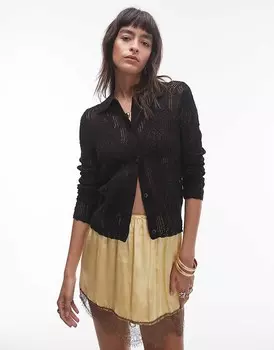 Черная трикотажная рубашка с длинными рукавами и сетчатой структурой Topshop