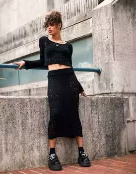 Черная трикотажная юбка миди в широкую резинку-лесенка ASOS