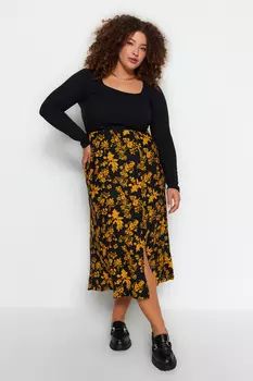 Черная трикотажная юбка с разрезом и цветочным принтом Trendyol, черный