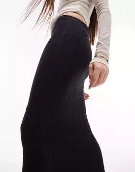 Черная трикотажная юбка в рубчик со вставками Topshop