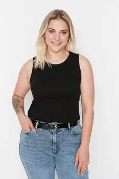 Черная трикотажная укороченная блузка с круглым вырезом Trendyol, черный