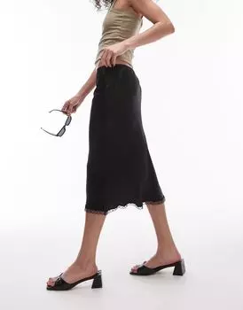 Черная юбка длины Topshop в стиле 90-х с узким поясом и кружевной отделкой