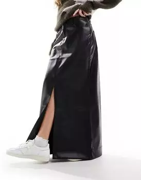 Черная юбка макси из искусственной кожи JJXX