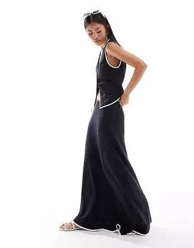 Черная юбка макси из смесового льна с контрастной окантовкой ASOS DESIGn