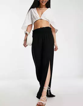 Черная юбка макси с присборенной талией и разрезом на талии ASOS DESIGN