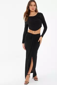Черная юбка макси с разрезом и сборками QUIZ Clothing