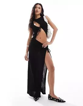 Черная юбка макси с заниженной талией и завязками по бокам (часть комплекта) Edikted