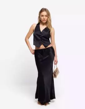 Черная юбка макси с завязкой на талии River Island Petite