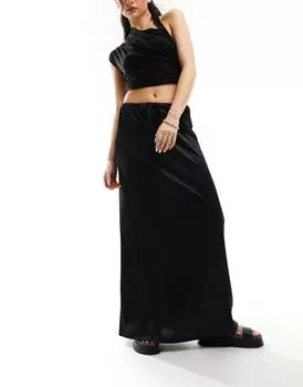 Черная юбка макси со сборками из атласного твила и завязкой на талии ASOS DESIGN