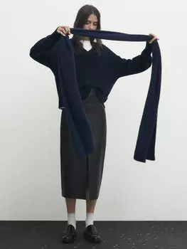Черная юбка миди из кожи наппа с разрезами Massimo Dutti, черный