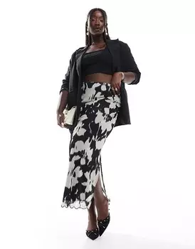 Черная юбка миди из сетки с размытым цветочным узором New Look Curve