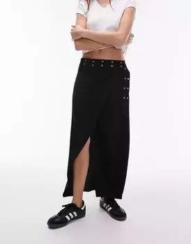 Черная юбка миди с низкой талией и запахом Topshop