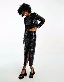 Черная юбка миди с пайетками и разрезом на бедрах Extro & Vert