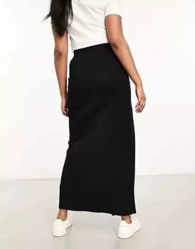 Черная юбка миди с разрезом в рубчик ASOS