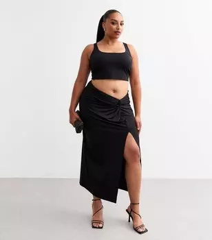Черная юбка-миди с узлом по бокам Curves New Look, черный