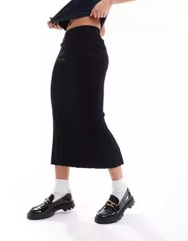 Черная юбка миди в рубчик с разрезом на спине Pimkie