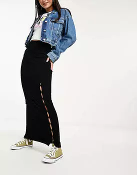 Черная юбка миди в рубчик с разрезом на пуговицах ASOS DESIGN