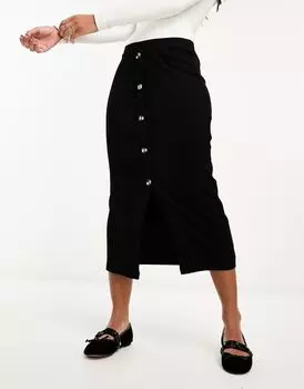 Черная юбка миди в рубчик с роговыми пуговицами ASOS DESIGN