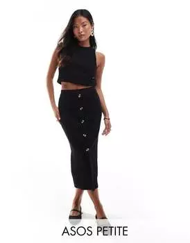 Черная юбка миди в рубчик с роговыми пуговицами ASOS DESIGN Petite