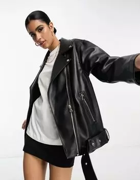 Черная удлиненная байкерская куртка из искусственной кожи ASOS