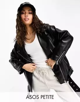 Черная удлиненная байкерская куртка из искусственной кожи ASOS DESIGN Petite