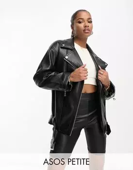 Черная удлиненная байкерская куртка из искусственной кожи ASOS DESIGN Petite