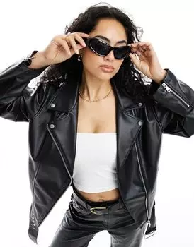 Черная удлиненная байкерская куртка из искусственной кожи ASOS DESIGN