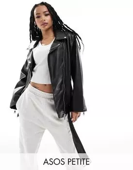 Черная удлиненная байкерская куртка из искусственной кожи ASOS DESIGN Petite