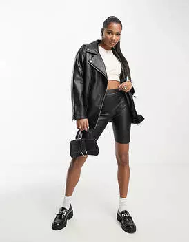 Черная удлиненная байкерская куртка из искусственной кожи ASOS DESIGN Petite