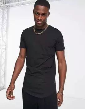 Черная удлиненная футболка Jack & Jones Essentials с изогнутым краем и карманом