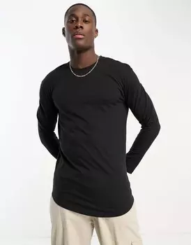 Черная удлиненная футболка с длинными рукавами и изогнутым краем Jack & Jones Essentials