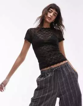 Черная удлиненная футболка с кружевом Topshop
