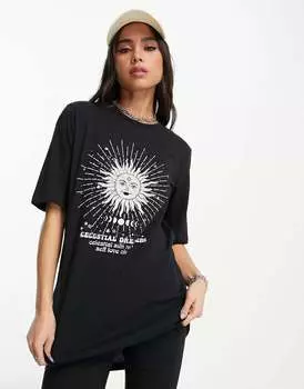 Черная удлиненная футболка с рисунком Noisy May