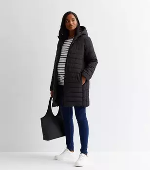 Черная удлиненная куртка-пуховик с капюшоном для беременных New Look, черный