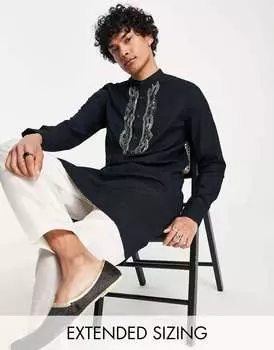 Черная удлиненная льняная рубашка с ручным декором ASOS kurta