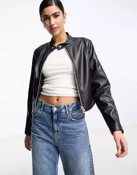Черная укороченная байкерская куртка из искусственной кожи ASOS