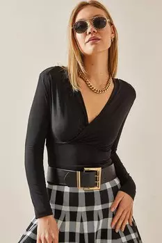 Черная укороченная блузка с двубортным воротником 4KXK2-47778-02 XHAN