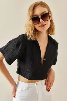 Черная укороченная блузка с текстурированной отделкой и аксессуарами 3YXK2-47295-02 XHAN